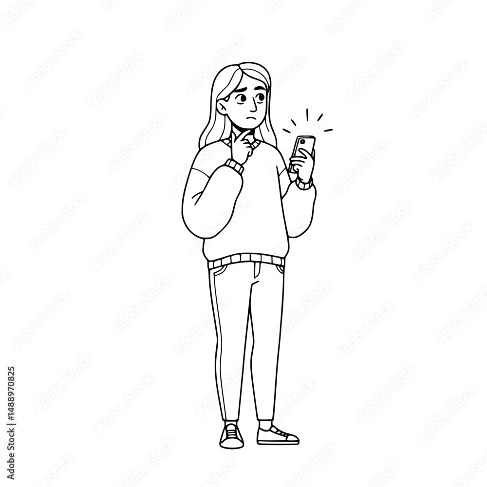 Young confused trans woman thinking while looking at smartphone Simple Vector Outline in minimalistic black and white design Young confused trans woman thinking while looking at smartphone Simple Vector Outline in minimalistic black and white design