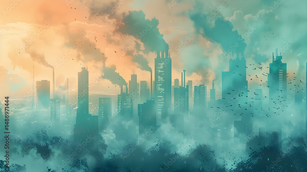 Obraz premium Artistic cityscape with smog and birds flying over the buildings in a hazy and colorful sky