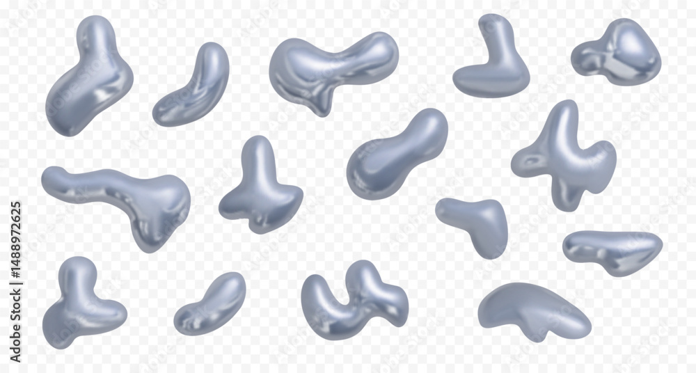Realistic chrome holographic shapes and blobs. Realistic chrome holographic shapes and blobs.