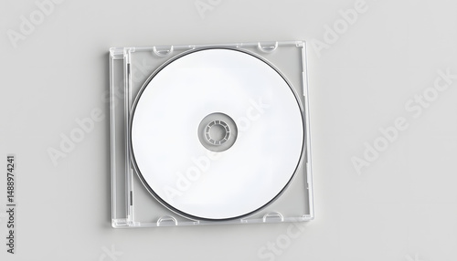 Closed compact plastic disc box case with white isolated blank for branding design. CD jewel mock-up on soft gray background, Paper Cutout style. White tone