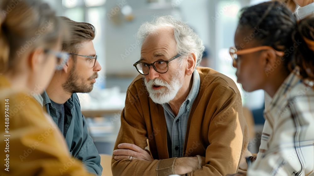 Senior man with glasses surrounded by diverse group in a collaborative discussion setting indoors Senior man with glasses surrounded by diverse group in a collaborative discussion setting indoors
