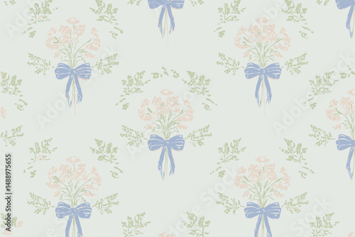 Seamless Coquette Damask Pattern with Bows and Vintage Floral Bouquet � Elegant Vector Design for Fabric and Wallpaper