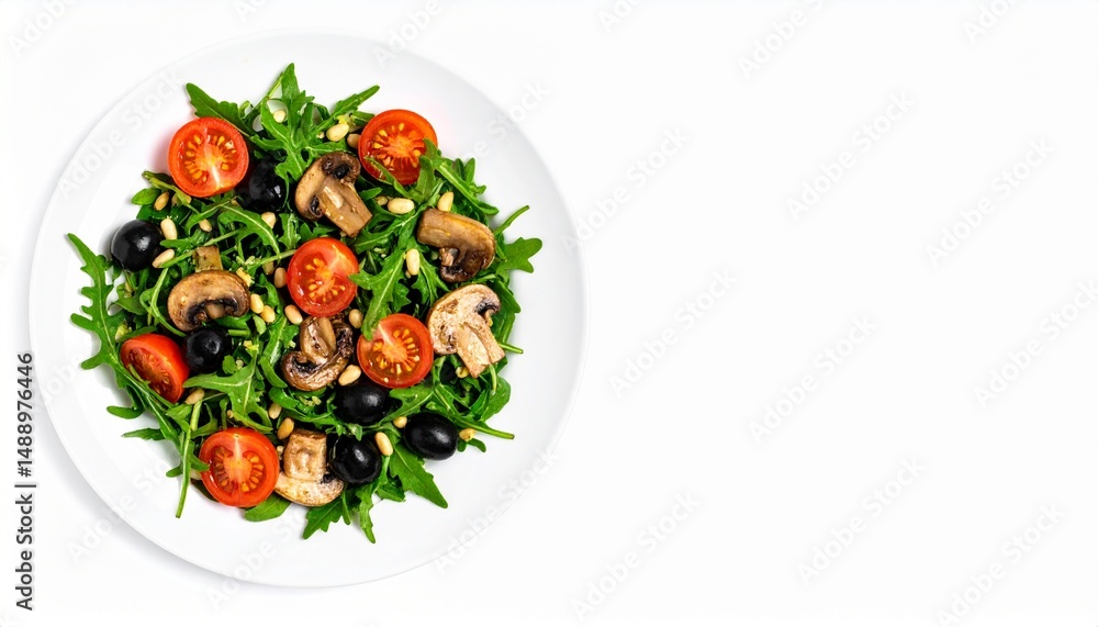 Arugula salad with mini champignons, cherry tomatoes, black olives, pine nuts and nutritional yeast isolated on white background, top view, vegan, copy space Arugula salad with mini champignons, cherry tomatoes, black olives, pine nuts and nutritional yeast isolated on white background, top view, vegan, copy space