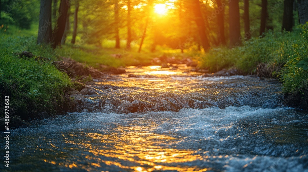 Fototapeta premium Golden sunlight streams through forest over a babbling brook