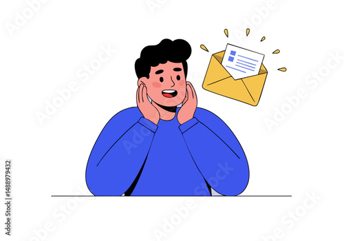 An excited man anticipates receiving a letter with important data. Modern illustration style, vibrant colors, and a focus on data security. Great for digital marketing and business concepts.