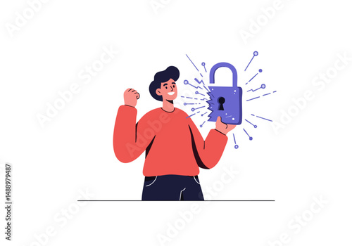 A joyful young man breaks a padlock, symbolizing freedom and achievement. Dynamic illustration with vibrant colors and a celebratory burst. Perfect for success and breakthrough themes.