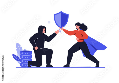 illustration depicts a cyber defense team protecting data A hooded figure attempts to breach security while a superheroine shields a stack of servers Modern vibrant and conveying digital security