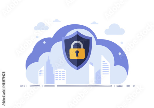 A stylized shield protects a cloud cityscape, symbolizing cloud defense. Modern, flat design with a strong visual impact. Ideal for tech and security concepts.