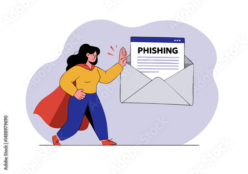 A superheroine blocks a phishing email, symbolizing online security. Bold illustration with a vibrant, protective style. Great for digital marketing and cybersecurity themes.