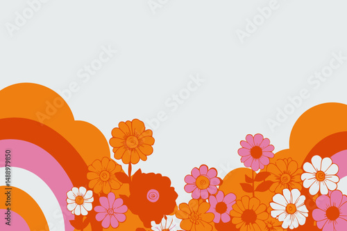 Horizontal banner vector with copy space abstract background design elements shapes hippie groovy vibes flowers and waves modern art