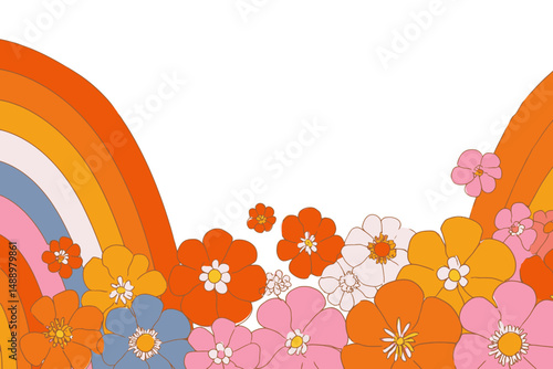 Horizontal banner vector with copy space abstract background design elements shapes hippie groovy vibes flowers and waves modern art