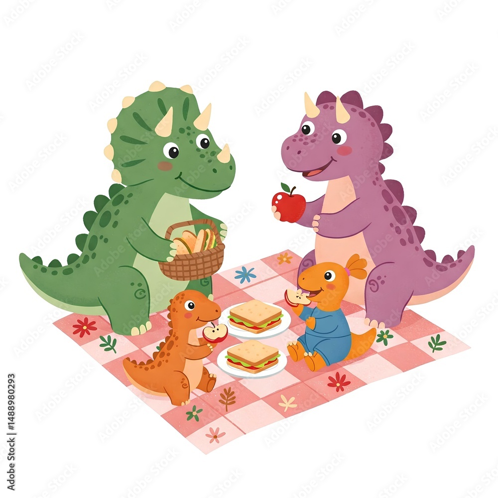 Naklejka premium Adorable Dinosaurs Enjoying a Delightful Picnic Outdoors with Sandwiches and Apples on a Pink Checkered Blanket
