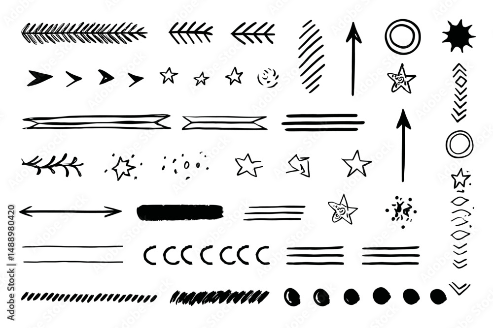 Obraz premium Hand Drawn Doodle Arrow, Circle, Star Brush Stroke Vector Set with Underline Scribble Elements