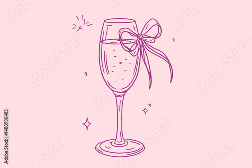 Champaign Glass with Bow Line Art Vector Illustration