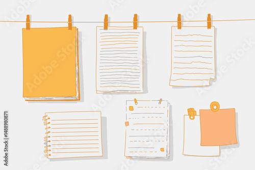 Cute Memo Frame Note Paper and Planner Sheet Vector Set with Hand Drawn Kid Sketch Style Stickers