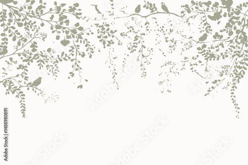 Watercolor Mural with Delicate Leaves, Flowers, Vines, and Birds Vector Illustration