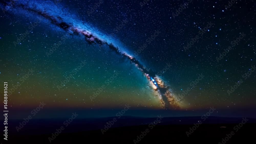 Captivating Milky Way Galaxy spans across a clear night sky, revealing a celestial display of starlight above a distant dark landscape Captivating Milky Way Galaxy spans across a clear night sky, revealing a celestial display of starlight above a distant dark landscape