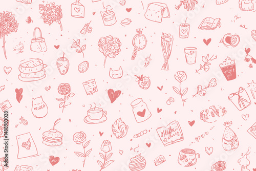 Seamless Romantic Doodle Line Art Pattern for Valentine's Day and Wedding Background