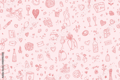 Seamless Romantic Doodle Line Art Pattern for Valentine's Day and Wedding Background