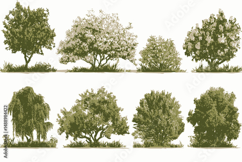 Watercolor Flower Meadows Set Vector Blooming Tree Forest Side View Isolated for Landscape Architecture Garden Environment Shrub Elements