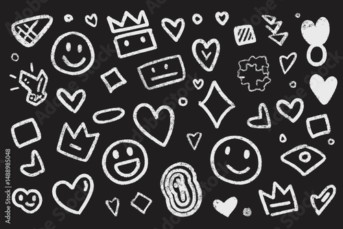 Hand Drawn Smile Brush Vector Set with Emoji Faces, Hearts, Crowns, and Crayon Texture Scribbles