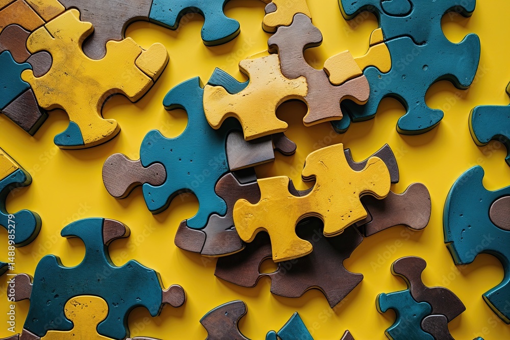 Fototapeta premium Dynamic Puzzle Pieces Merging on Energetic Yellow Canvas: Symbolizing Collaboration, Teamwork, and Innovative Problem Solving