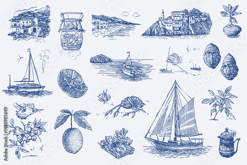Summer Sea Beach Icons Amalfi Lemon Vacation Italy Mediterranean Watercolor Doodle Hand Drawn Crayon Sketch Boat Coast Seafood Vector