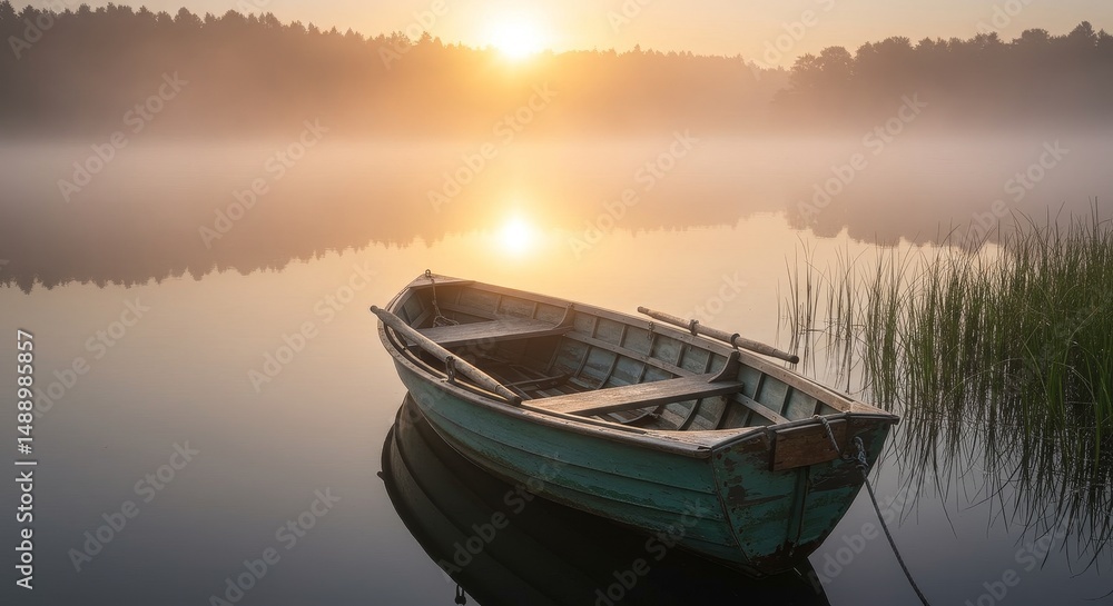 Fototapeta premium A wooden rowboat floats on a calm, foggy forest lake during a golden sunrise, creating a tranquil nature scene reflecting the peaceful beauty of the morning mist concept.