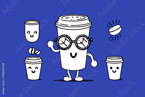 Funny cartoon mascot coffee cup vector logo design template graphic elements for advertising branding posters banners print and stickers
