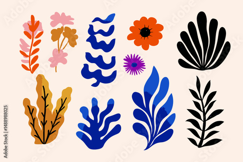 Modern art print elements vector in simple floral wavy groovy naive style ocean vacation theme hand drawn flowers plants botanical design templates