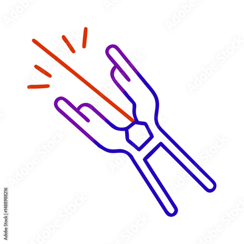 Tongs holding metal icon in metallurgy and production, outline design, blue and red colors, copy space
