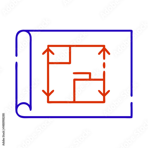 Blueprint sheet icon in metallurgy and production, outline design, blue and red colors, copy space