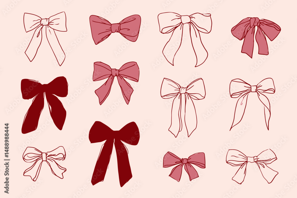 Cute Coquette Bows Vector Set Pastel Pink White Red Elegant Ribbons Hand Drawn Silk Tape Clipart Cute Coquette Bows Vector Set Pastel Pink White Red Elegant Ribbons Hand Drawn Silk Tape Clipart