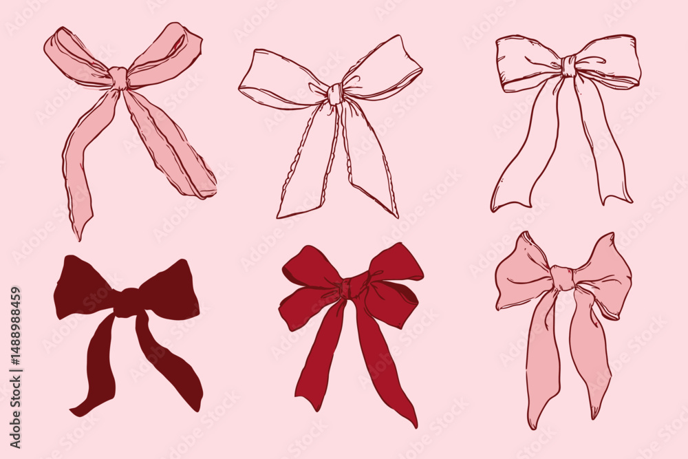 Cute Coquette Bows Vector Set Pastel Pink White Red Elegant Ribbons Hand Drawn Silk Tape Clipart Cute Coquette Bows Vector Set Pastel Pink White Red Elegant Ribbons Hand Drawn Silk Tape Clipart