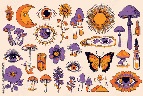 60s 70s Psychedelic Vector Set Retro Groovy Mushrooms Flowers Eyes Sun Moon Butterfly Boho Stickers