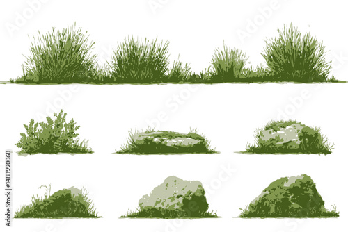Watercolor Grass with Rock Vector for Landscape Architecture Garden Environment Botanical Section Meadows Moss Green Area Elements