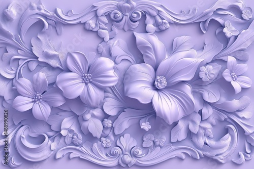 Ornate lavender floral bas-relief design.