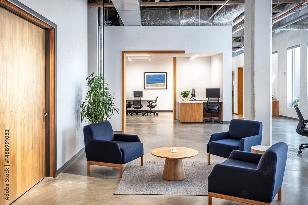 Fototapeta premium Modern, open-plan office space with comfortable seating area.