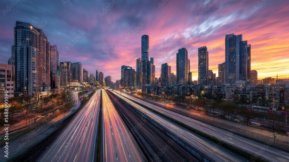Fototapeta premium A stunning image of sunrise Cityscape Highway - Urban Panorama.
