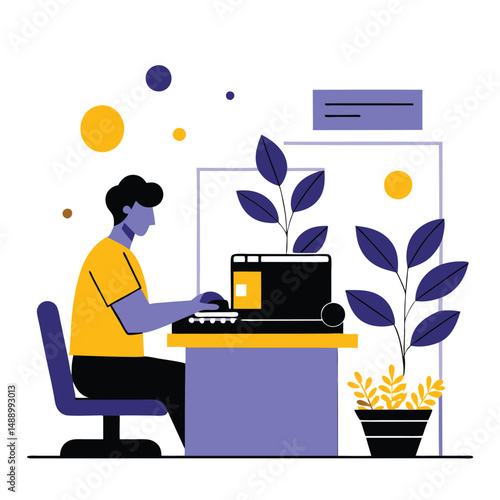 Conceptual Illustration of a Woman Typing on a Computer with Floating Text and Keys