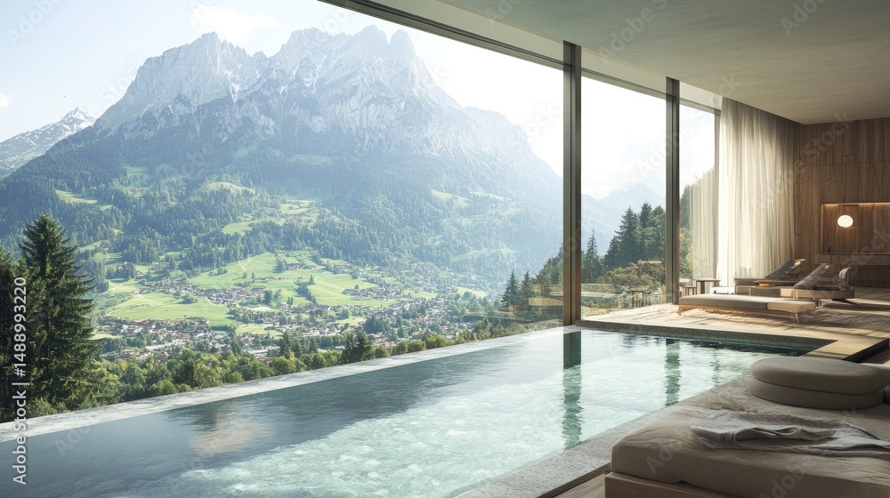 Fototapeta premium Panoramic mountain view from an indoor infinity pool.
