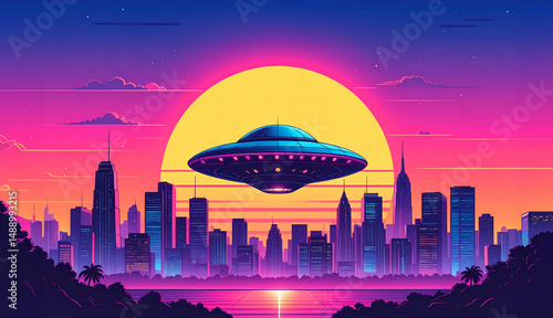 80s Futuristic UFO Flying Over Retro Cyberpunk Cityscape