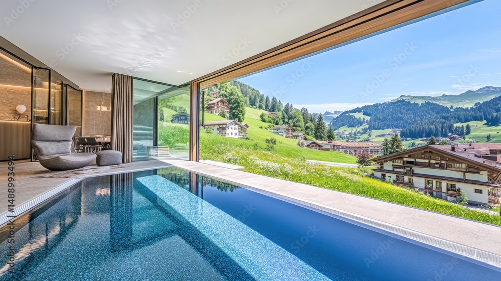 Fototapeta premium Luxurious indoor pool with panoramic mountain views.