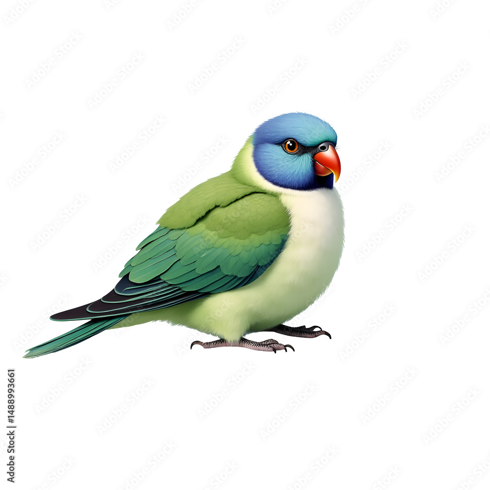 Fototapeta premium A highly detailed and realistic illustration of a blue crowned bird exhibiting vibrant green feathers and a striking orange beak perched