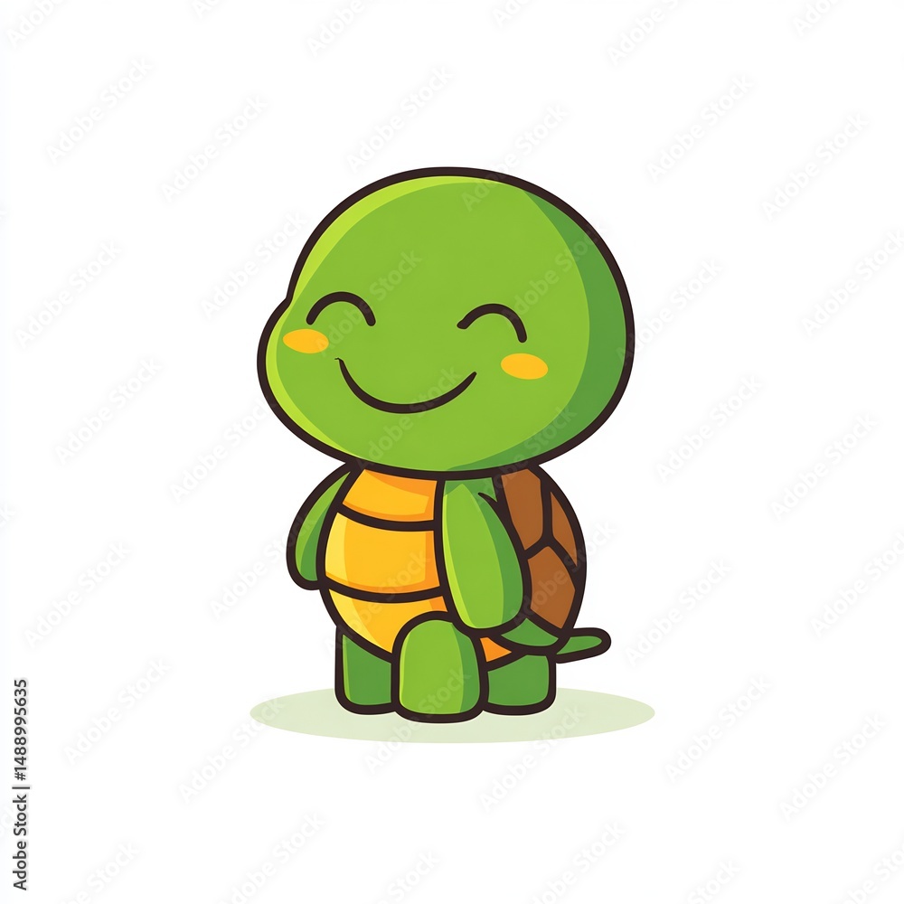 Obraz premium Cute cartoon turtle smiling, flat on white background