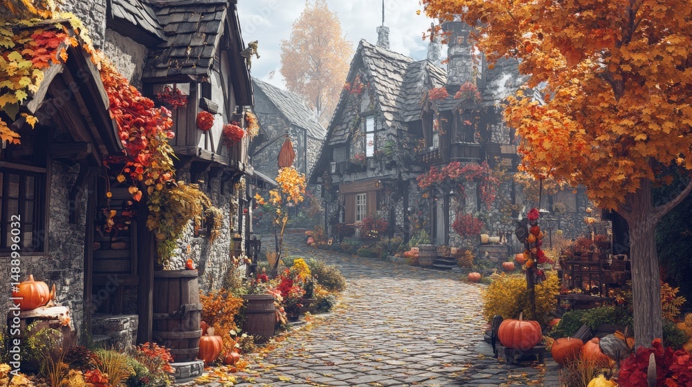 Fototapeta premium Autumnal village street lined with colorful houses.