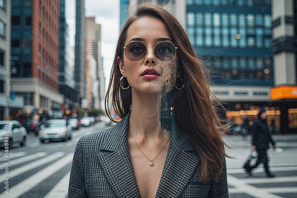 Obraz premium Urban Chic Lady Exploring Collage and Double Exposure in Artistic City Experiences