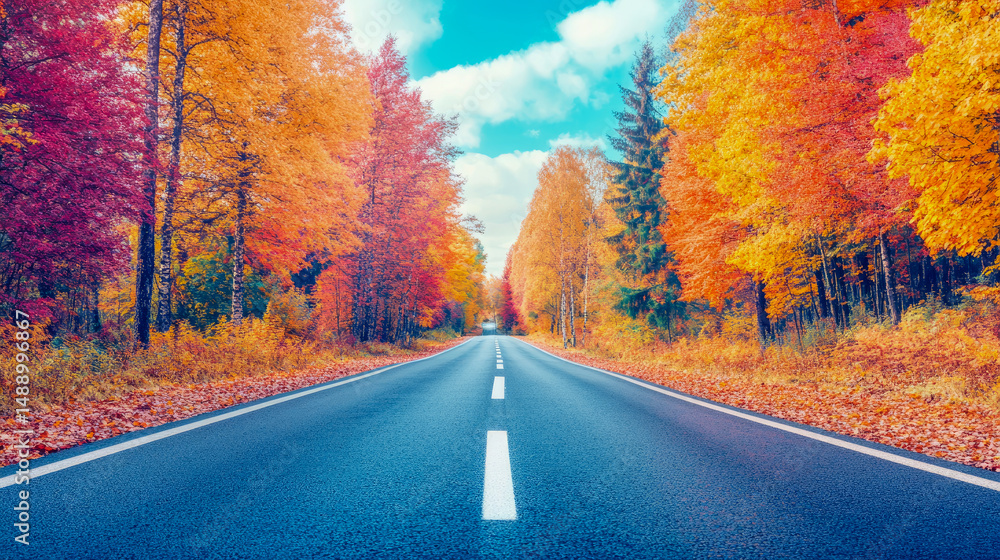 Fototapeta premium Autumn Road Landscape: Scenic drive through colorful fall foliage under a bright sky