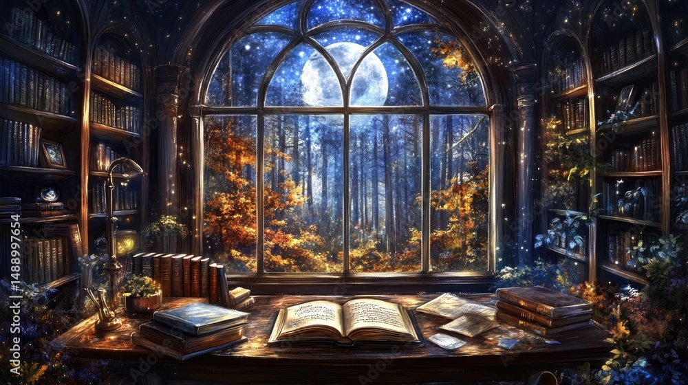 Obraz premium Enchanted library's window view to a starry night forest.