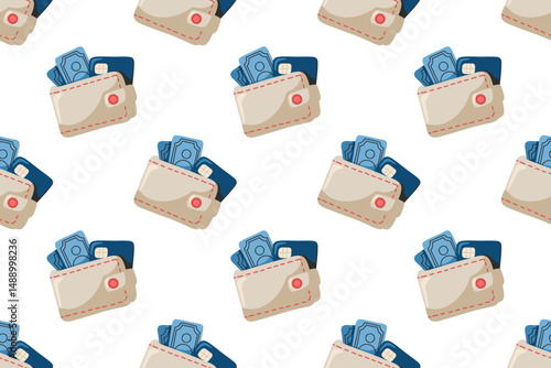 Seamless pattern with cartoon wallets full of cash and cards. Fun finance vector background for packaging and stationery